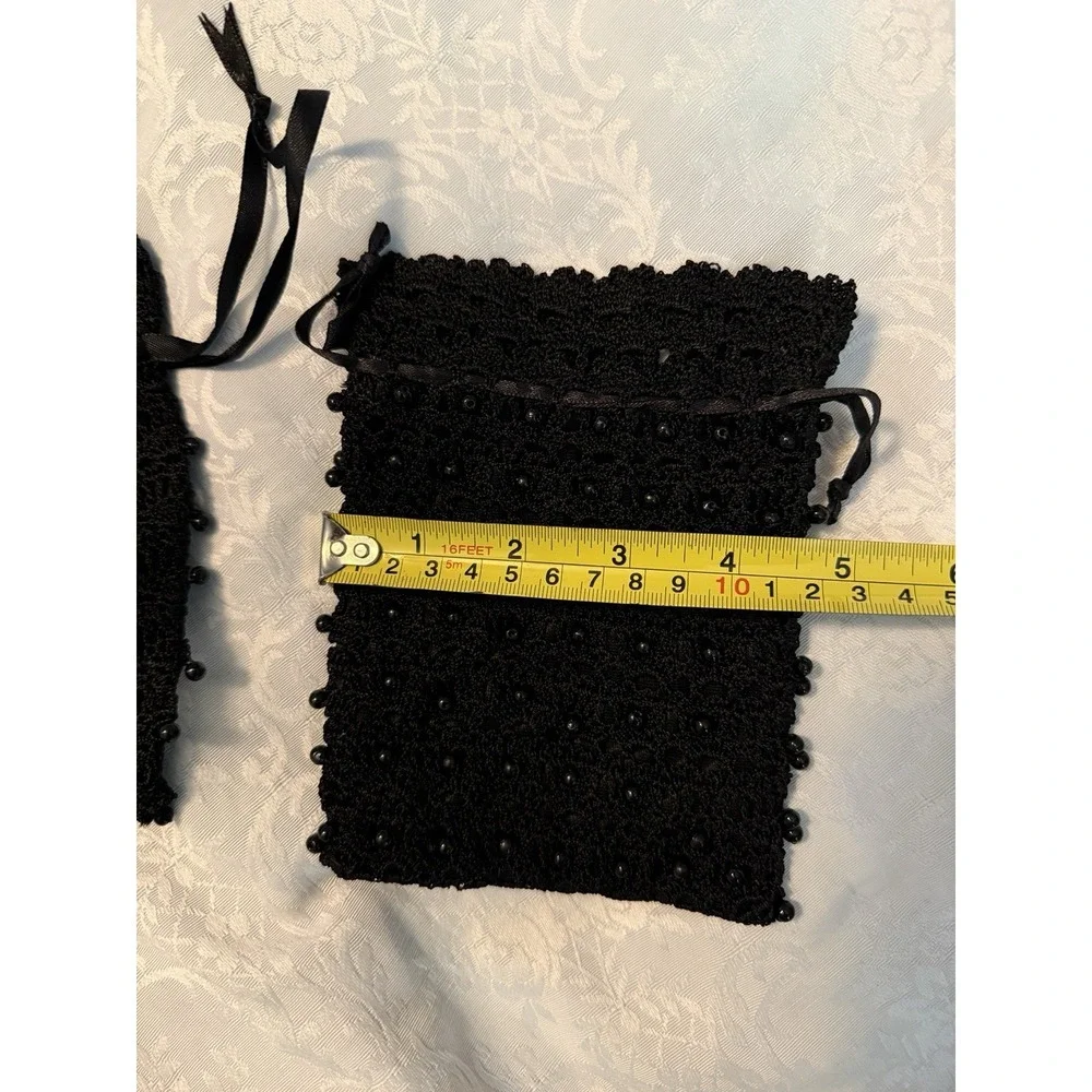 Lot Of 2 Black Crochet Lace Beaded Knit Drawstring Jewelry‎ Holder Bag Pouch